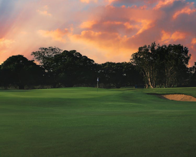 A Golf Course With A Sunset Sky And Trees