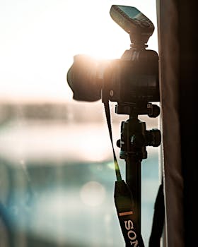 一台装有闪光灯的数码单反相机架在三脚架上，在温暖的阳光下形成背光，暗示着专业的摄影场景