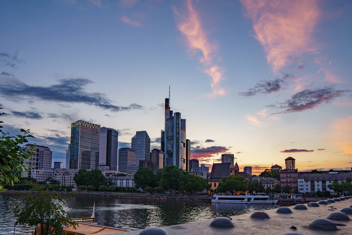 River and Buildings in Frankfurt at Sunset