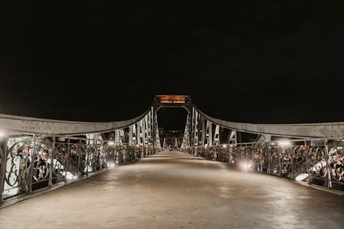 Illuminated Iron Footbridge in Frankfurt am Main, Germany 