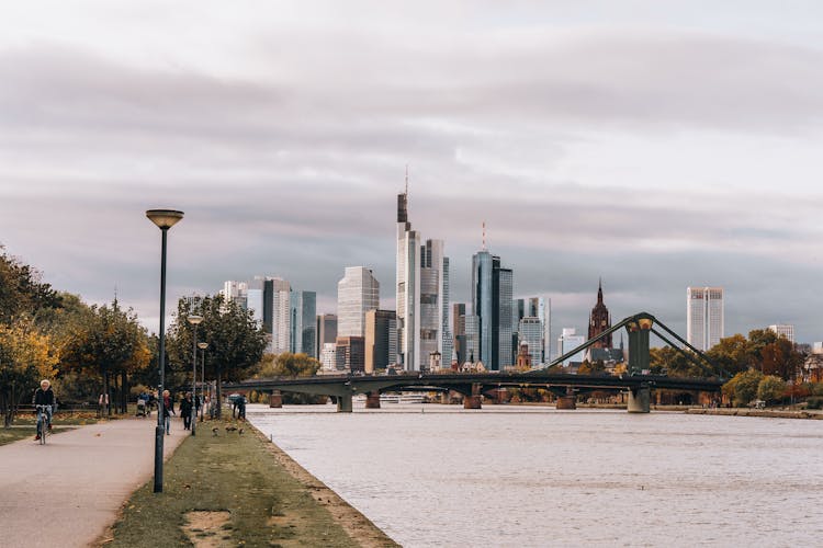 Floberbrucke Bridge Over The Main In Frankfurt With The Skyscrapers Of The Financial District In The Background