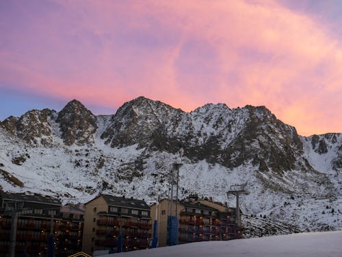 Buildings under Mountains at Dusk