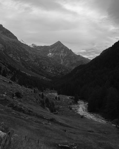 Black and White Photo of a Valley and Mountains 