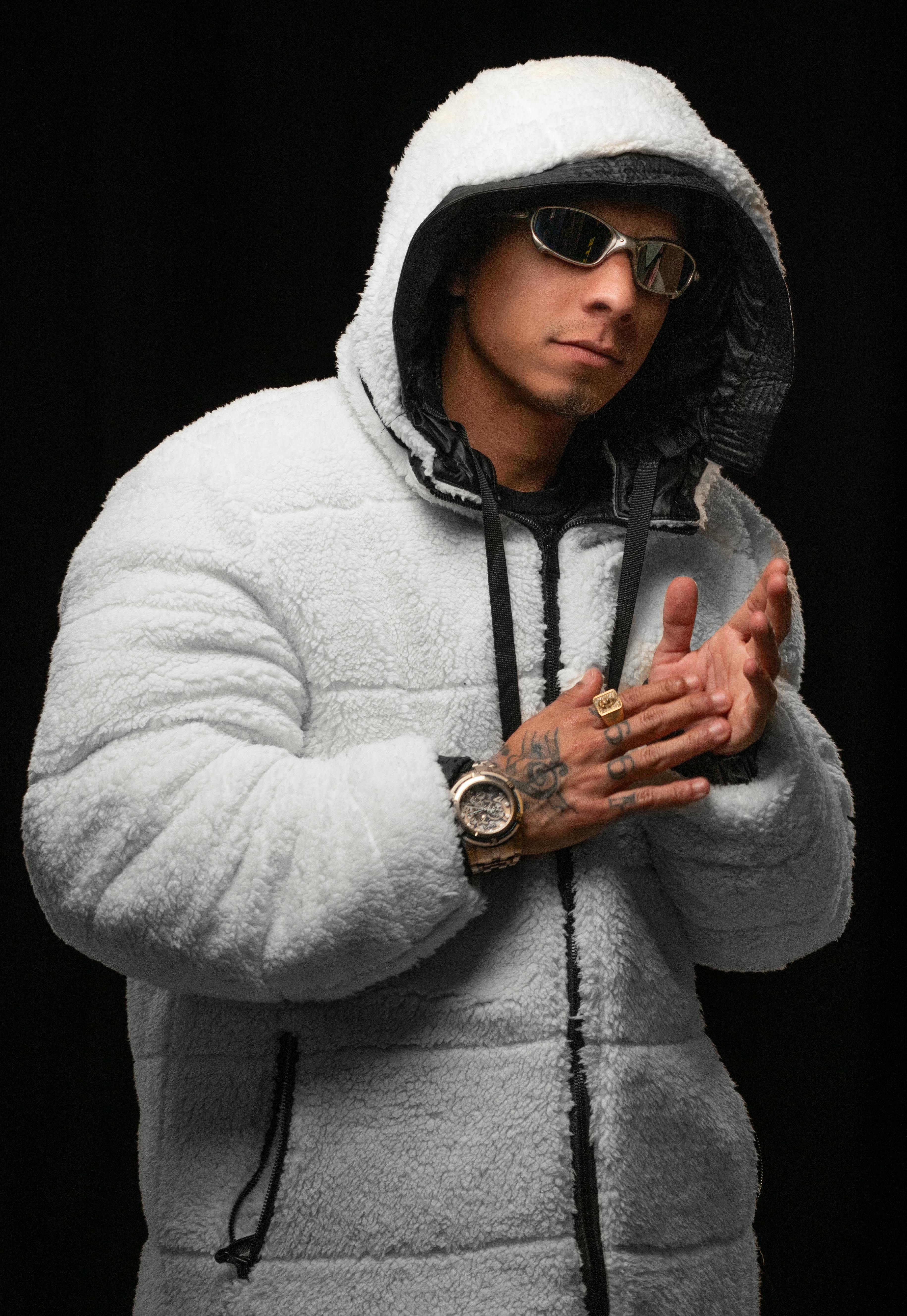 Man in Fluffy White Jacket and Hood on Head · Free Stock Photo