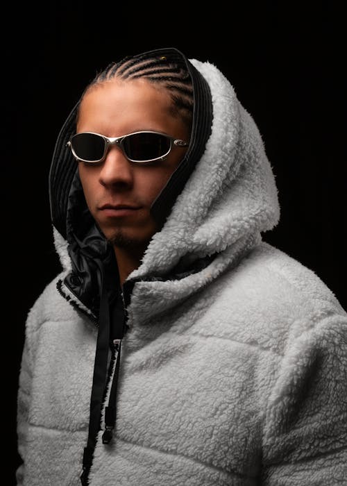 Man in Fluffy White Hoodie Jacket and Sunglasses