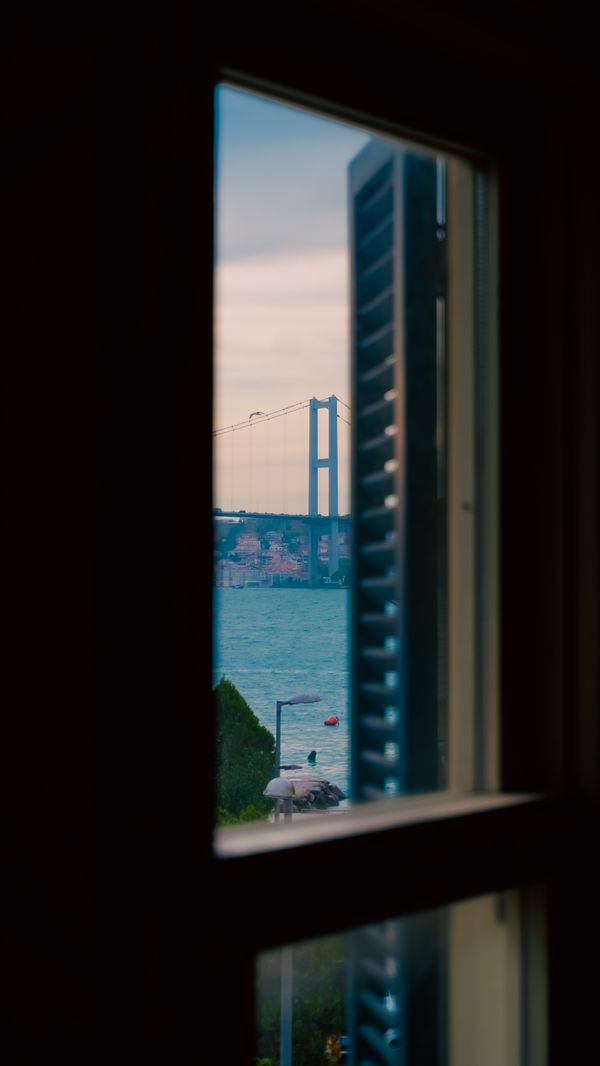 A suspension bridge framed by a tall studio window. Photo by Aykut Aktemur on Pexels.