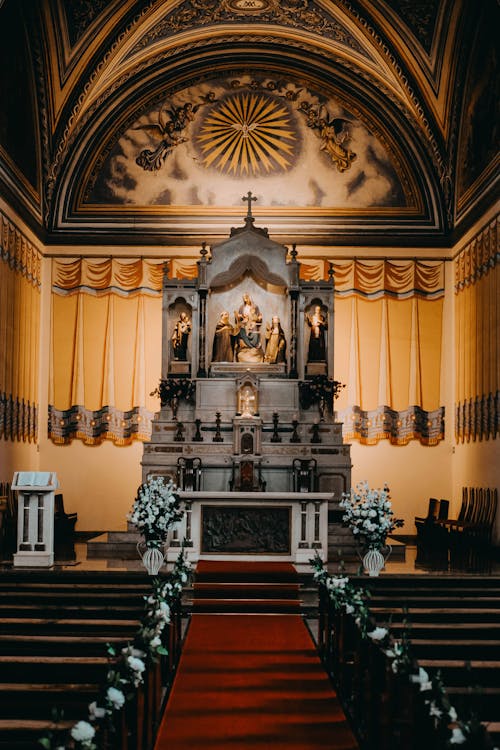 Church with Altar of Virgin Mary Holding Christ Child Surrounding by Saints