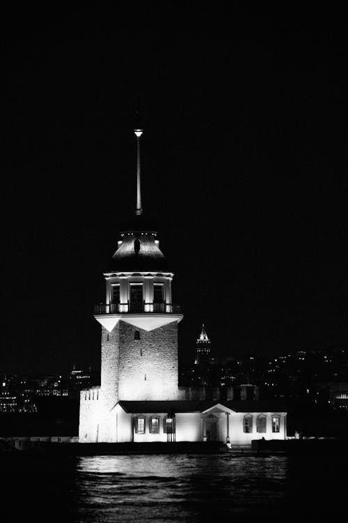 Illuminated Maidens Tower at Night, Istanbul, Turkey