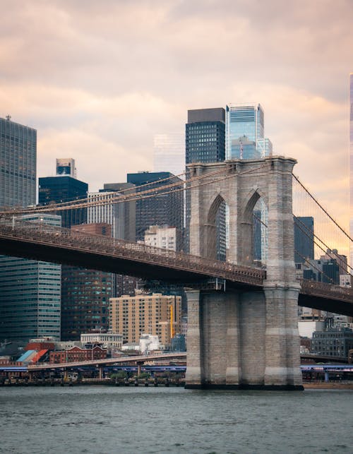 Brooklyn Bridge and the Financial District Skyscrapers in Lower Manhattan in New York City