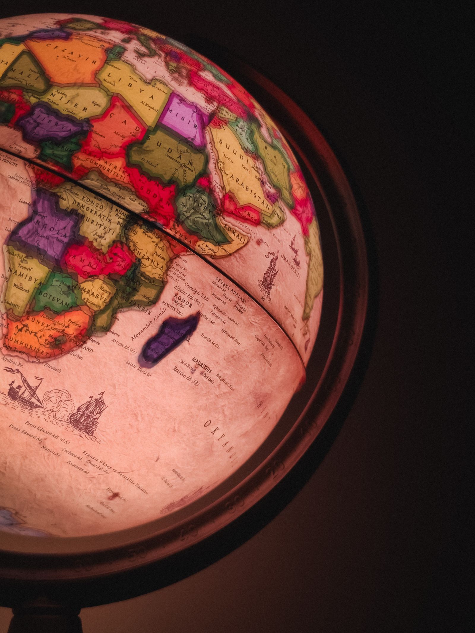 Close-up of a globe showing a political map of the world