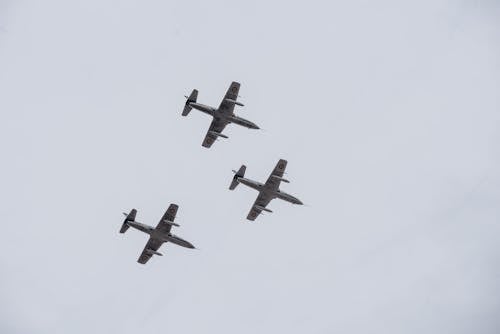 Three Romanian Military Planes Flying in Close Formation in Clear Blue Sky