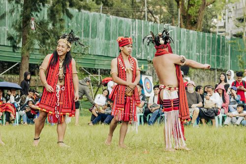 Free Men performing a traditional dance in vibrant attire during a cultural festival outdoors. Stock Photo