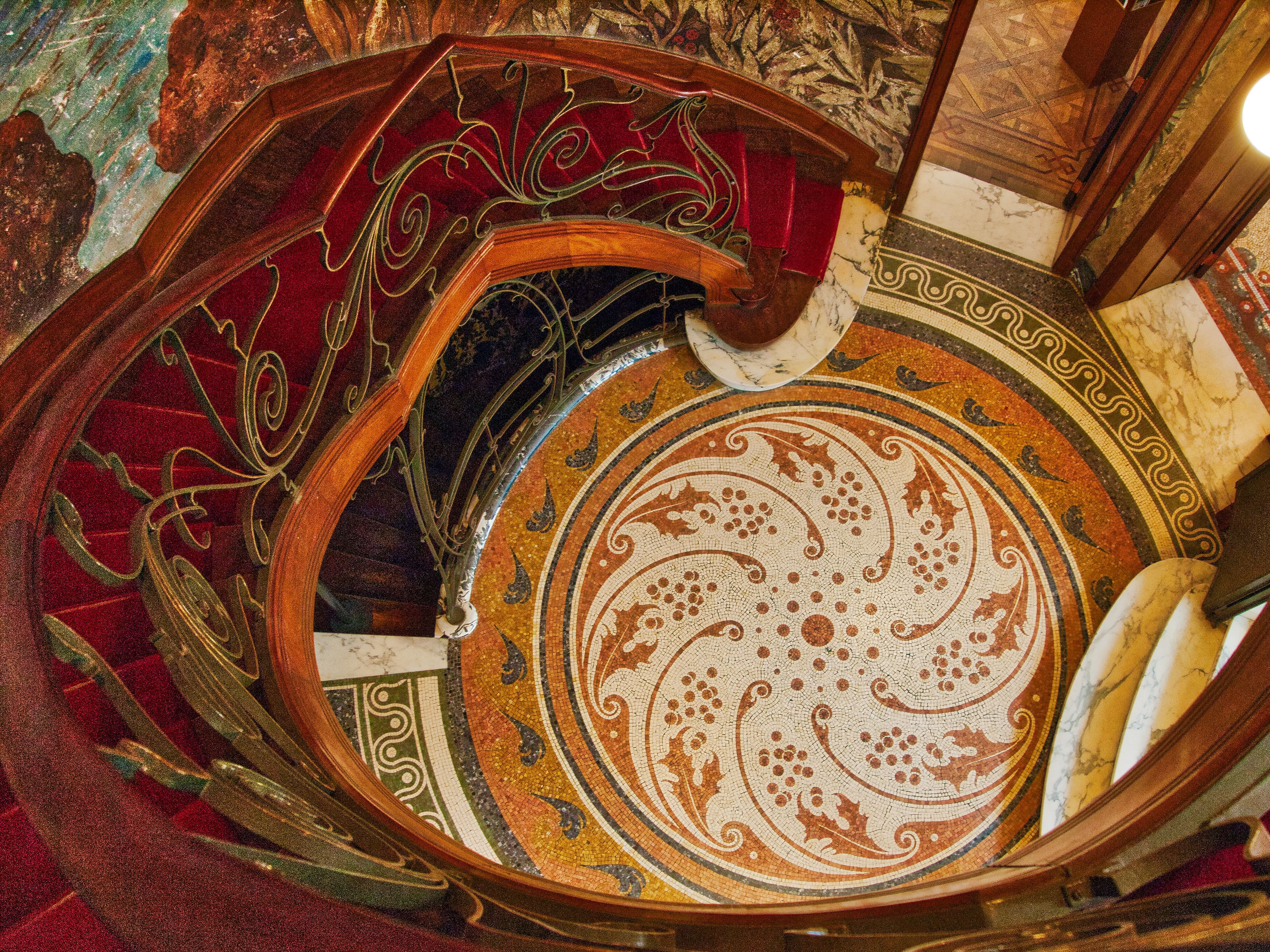 Horta Museum stairwell with mosaics, stained glass, and wrought ironwork, Saint-Gilles, Brussels