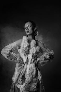 Striking black and white portrait of woman in artistic fashion ensemble.