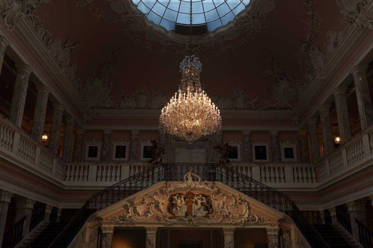Ballroom chandelier at night