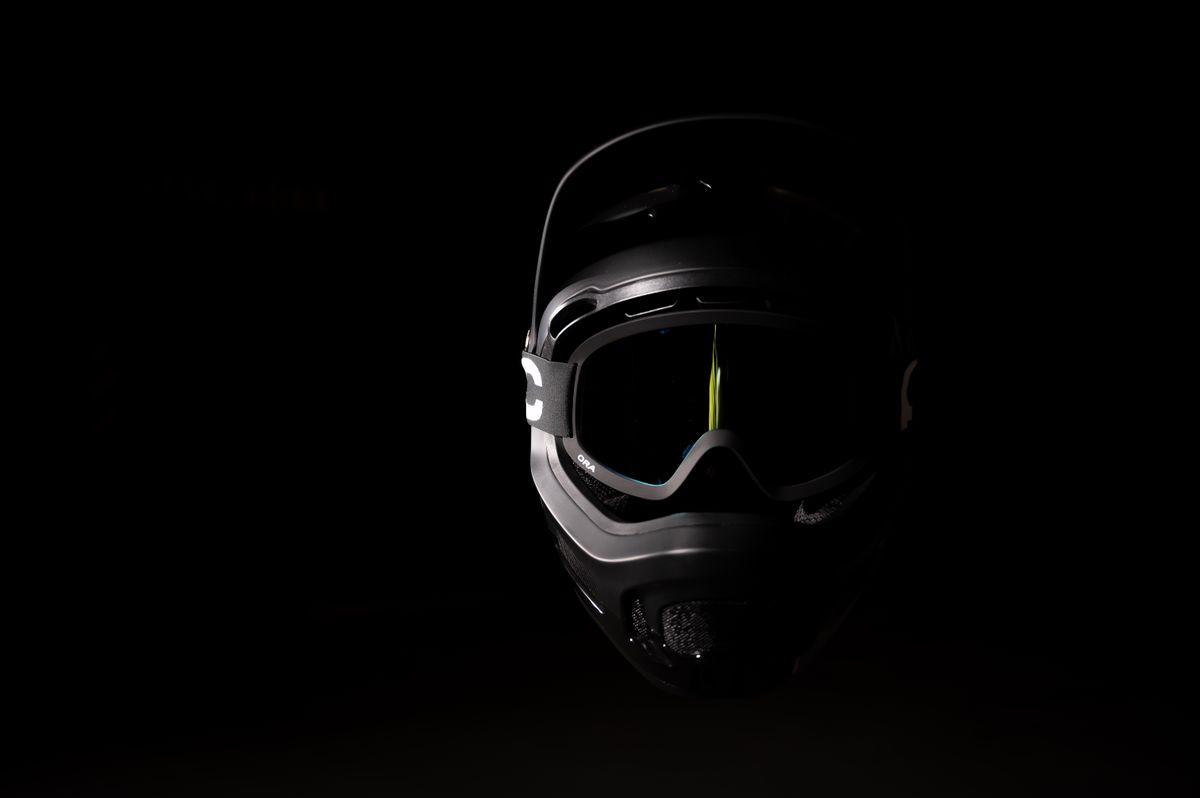 Close-up of cycling helmet and protective eyewear