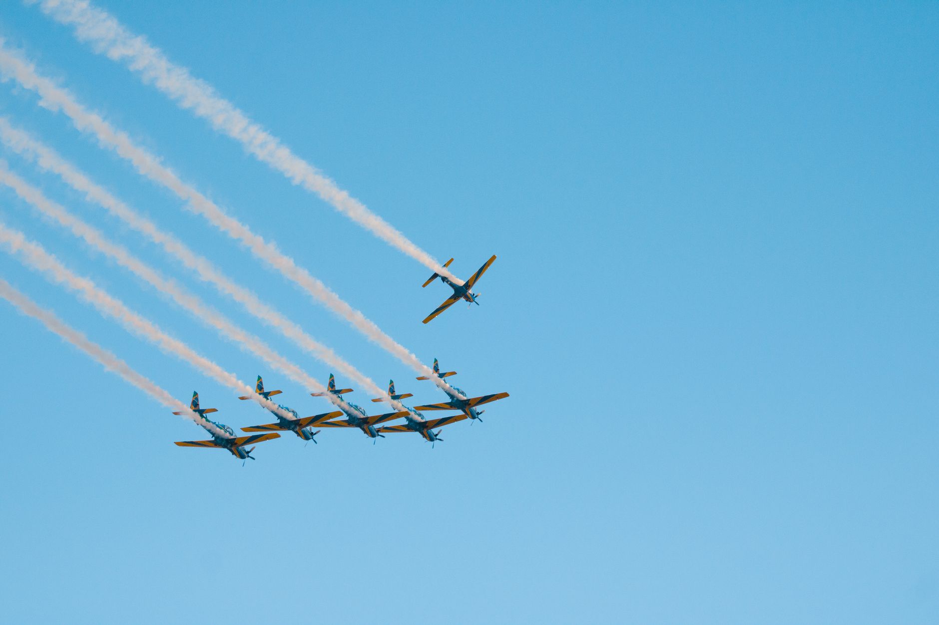 Formation of planes performing an aerial display with smoke trails on a clear day.