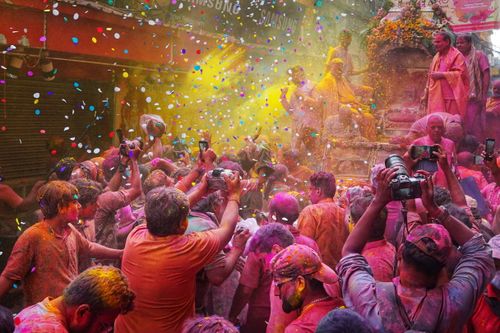 Free Colorful Holi festival celebration with crowd in Kolkata, India. Stock Photo