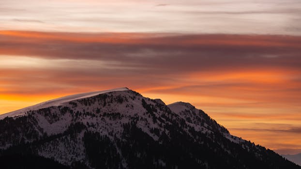 Snow-covered mountain peaks silhouetted against a vibrant sunset sky.