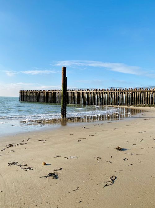 Free Tranquil beach scene with a wooden pier extending into the calm sea under a bright blue sky. Stock Photo