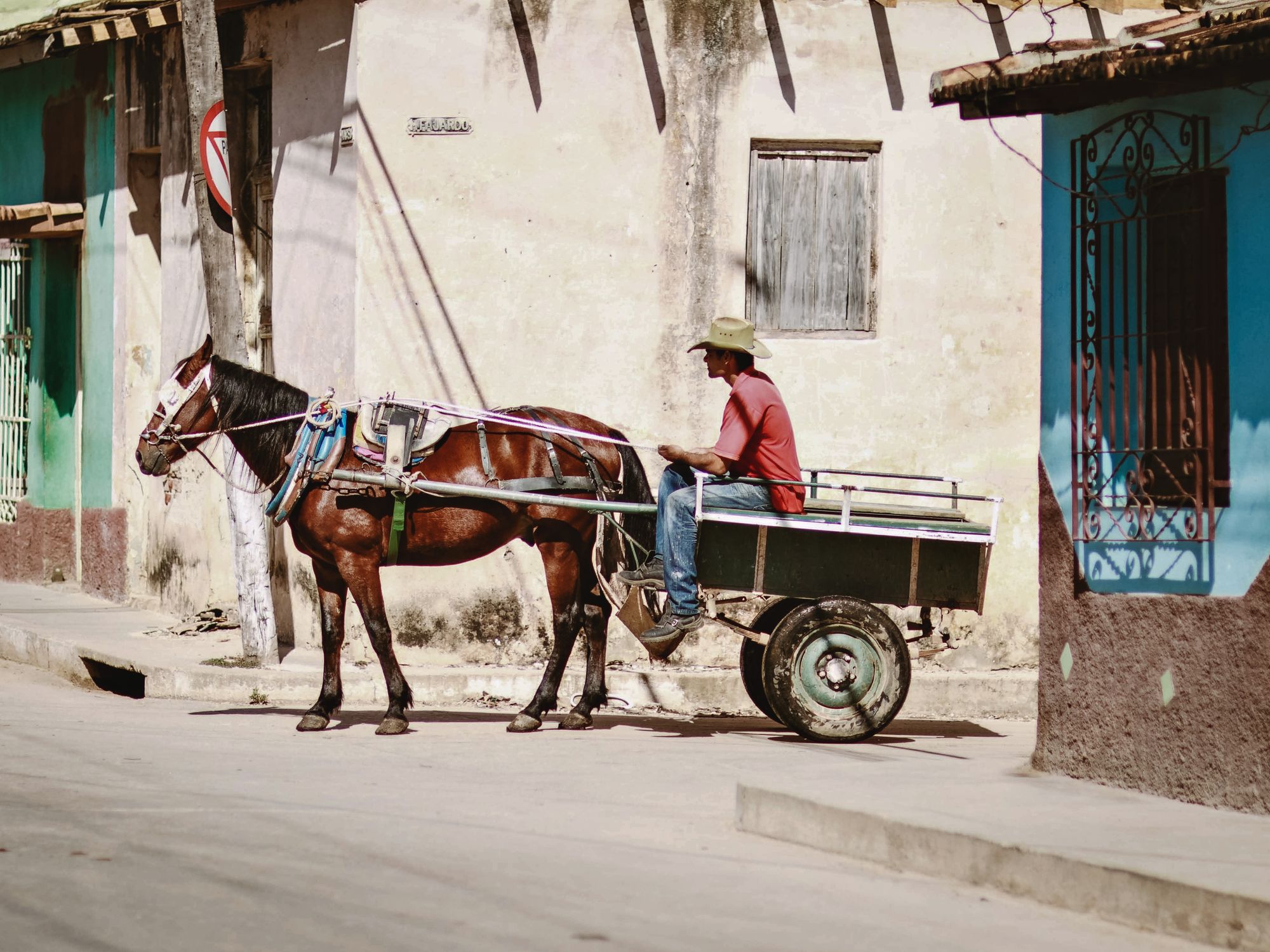 A man rides a horse-drawn cart through rustic town streets, depicting rural life.