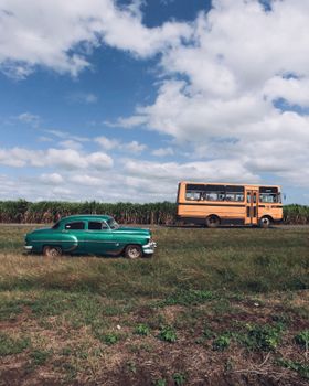 A classic green car and a yellow bus in a serene rural landscape under a blue sky.
