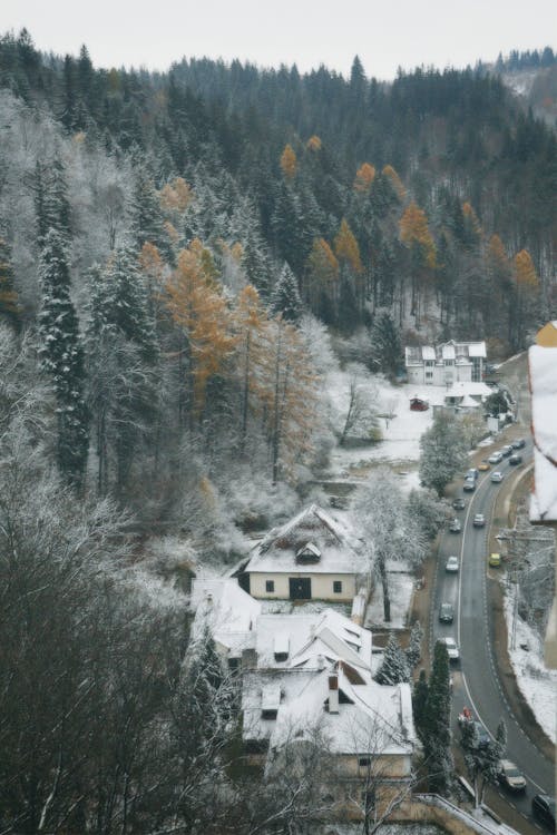 Village in Mountain Valley in Winter