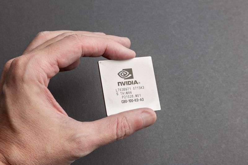 Hand holding an exposed GPU chip with gold contacts