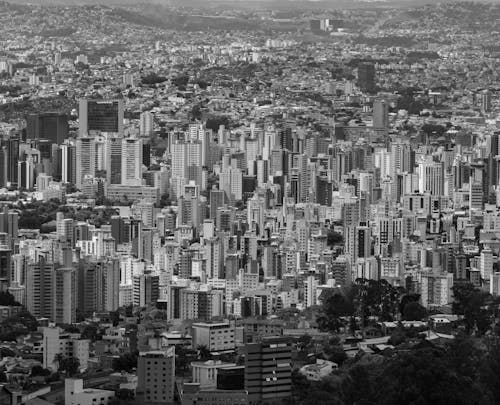 Free Black and White Panoramic View of a Modern City  Stock Photo