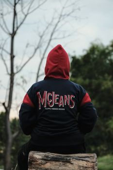 Back view of a person in a red hooded jacket sitting on a log outdoors.