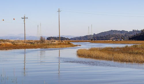 View of a River with Dry Grass on the Sides and Hills in the Horizon 