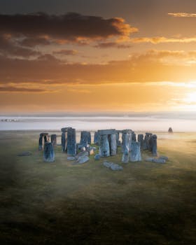 Stunning aerial view of the ancient Stonehenge under a vibrant sunrise sky.