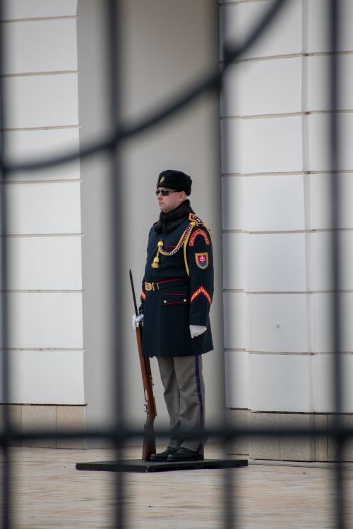 Free A uniformed guard holding a rifle stands in front of a wall in Bratislava, Slovakia. Stock Photo