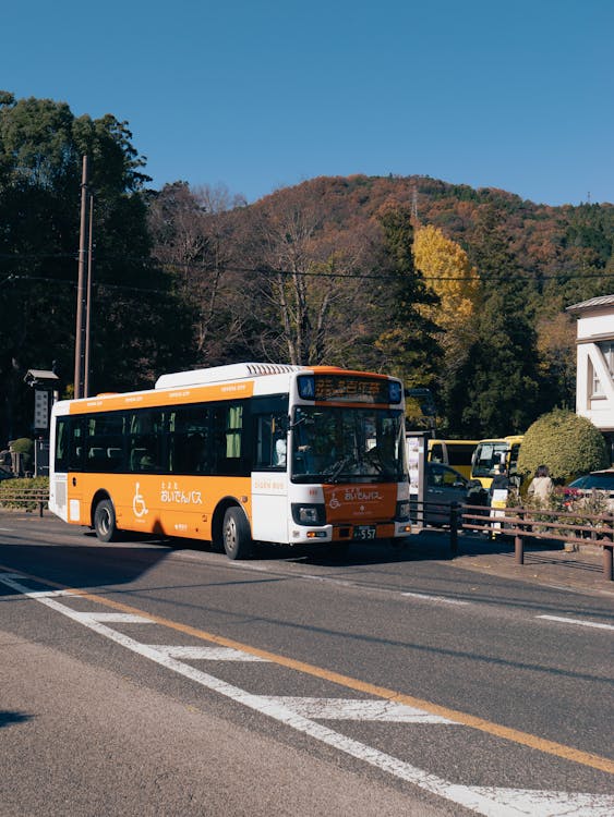 A Bus on a Street in a Japanese Town in Autumn 