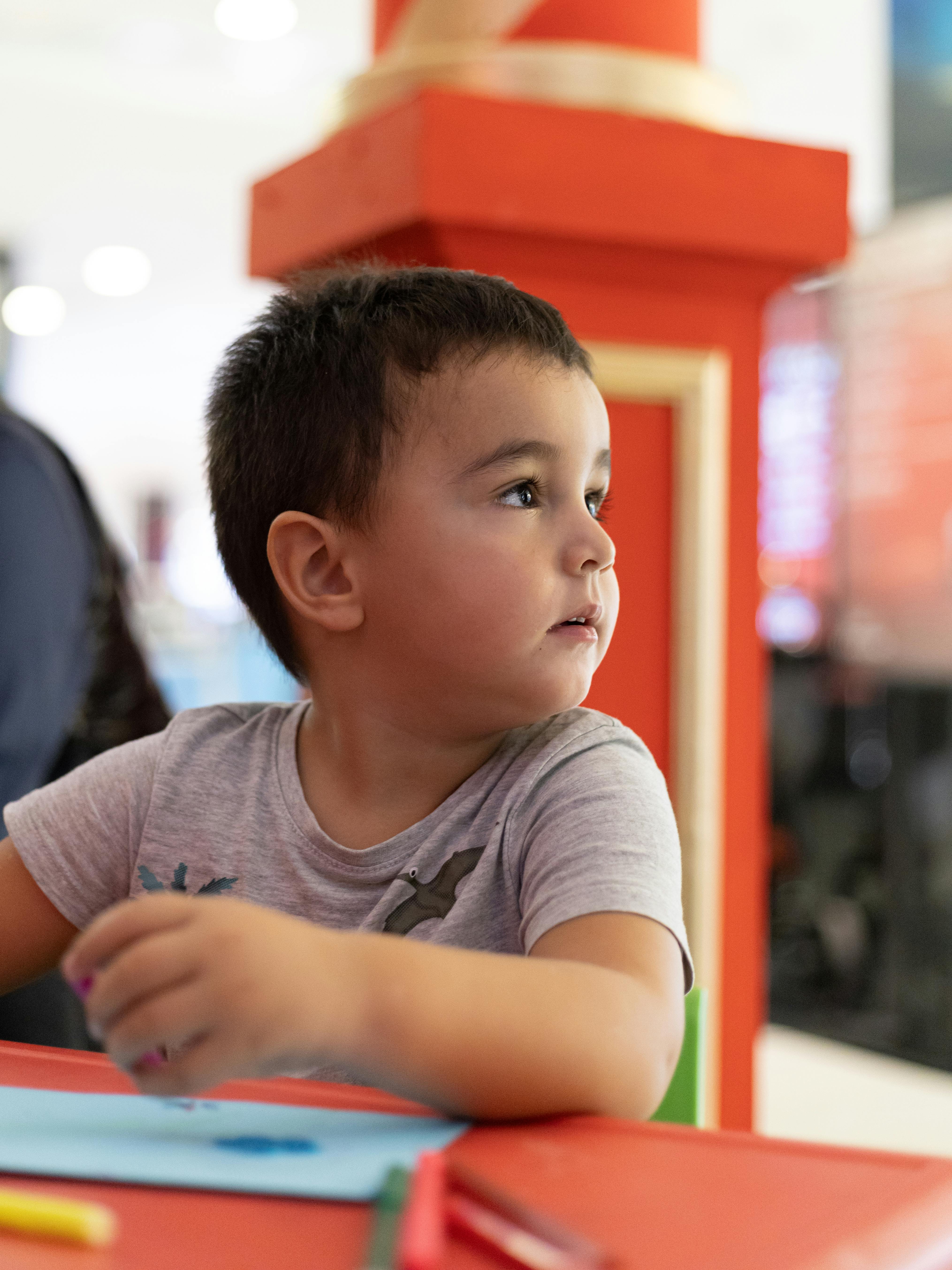 little boy in gray t shirt looking away