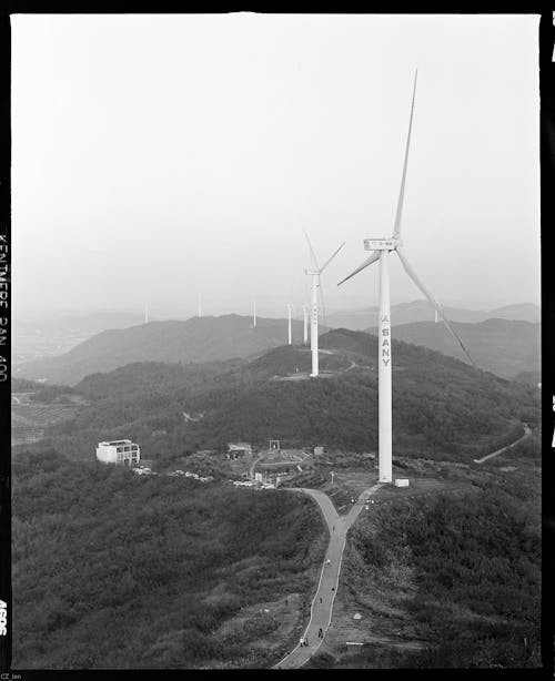 Wind Turbines in Mountains in Black and White