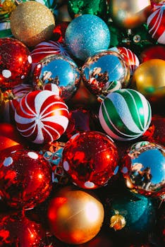 Close-up of colorful Christmas baubles, perfect for festive decor and holiday cheer.