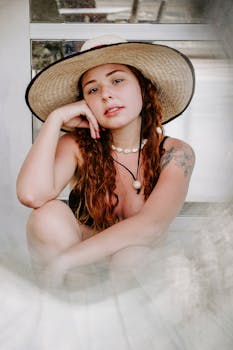 这幅迷人的肖像中，一位卷发年轻女子头戴草帽，尽显现代风格