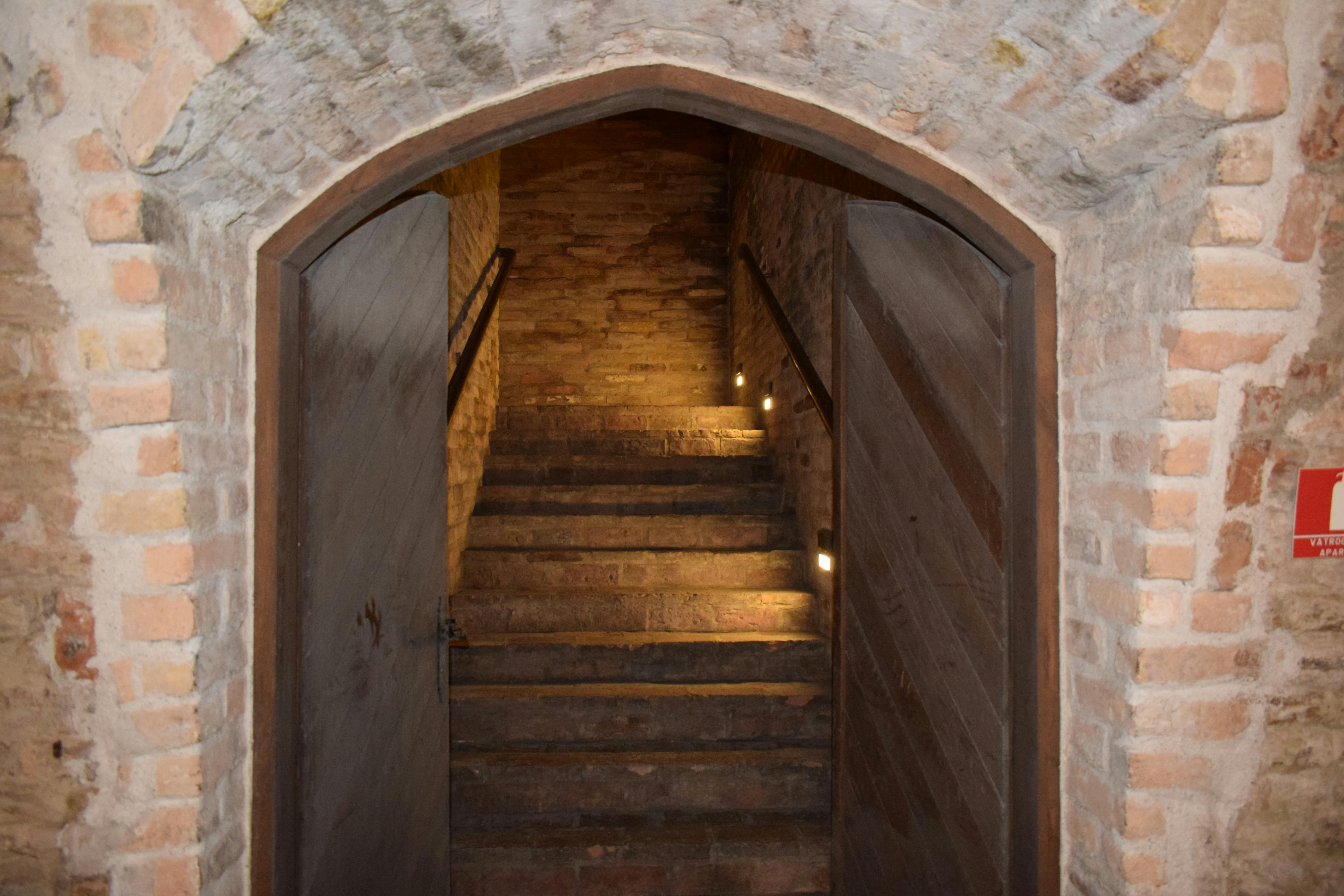 Dimly lit stone stairway with vintage brick walls in Croatian winery.