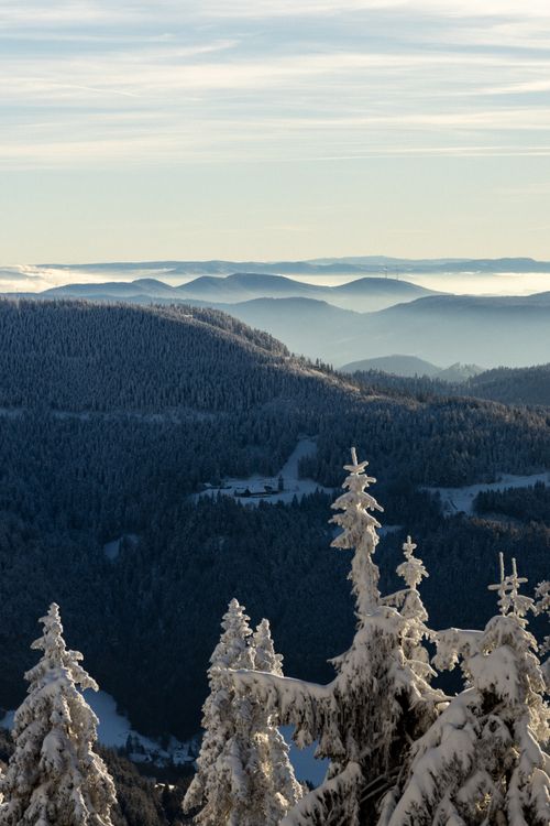 Free Snowy mountain landscape with fog and mist in Seebach, Germany, captured at sunrise. Stock Photo