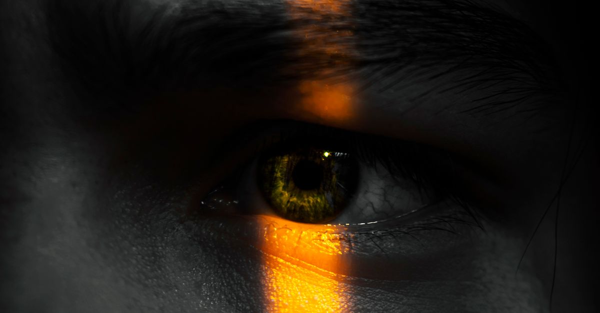 Close-up of an eye with vivid contrast of light and shadow, evoking mystery and introspection.
