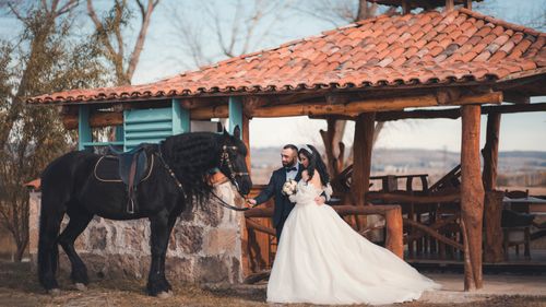 Free Bride and groom in wedding attire posing with a horse in a rustic outdoor setting. Stock Photo
