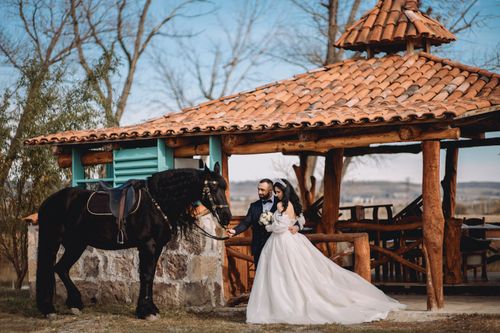 Free A romantic wedding photoshoot with a couple and horse under a rustic pavilion. Stock Photo