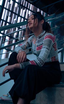 Stylish young woman posing on staircase with city backdrop.