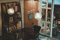 Lamps and Shelves with Books in Cafe