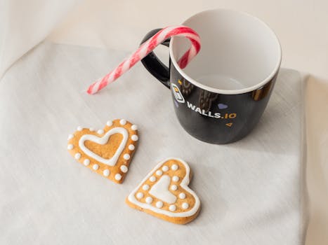 Heart-shaped gingerbread cookies with candy cane and mug on a white background. Perfect holiday snack.