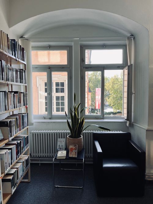 Free Inviting corner with bookshelves, armchair, and plant by the window in a quiet library setting. Stock Photo