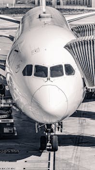 A frontal shot of a large plane docked at an airport gate, ready for departure.