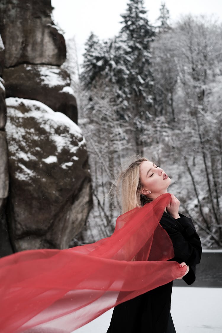 Blonde Model With Red Veil In Winter