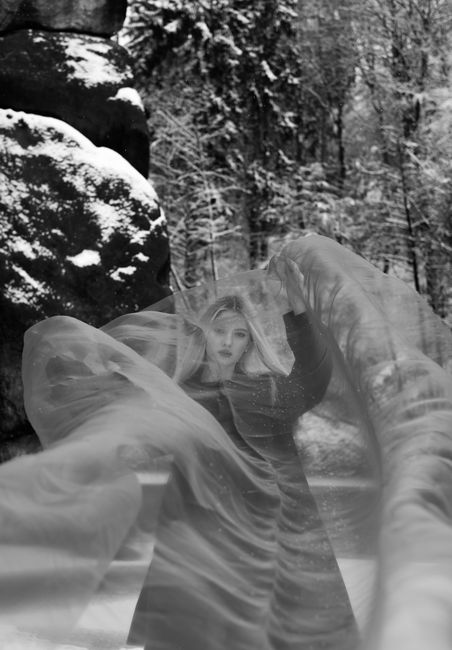 Black and white photo of a woman posing in a snowy forest with a flowing veil.